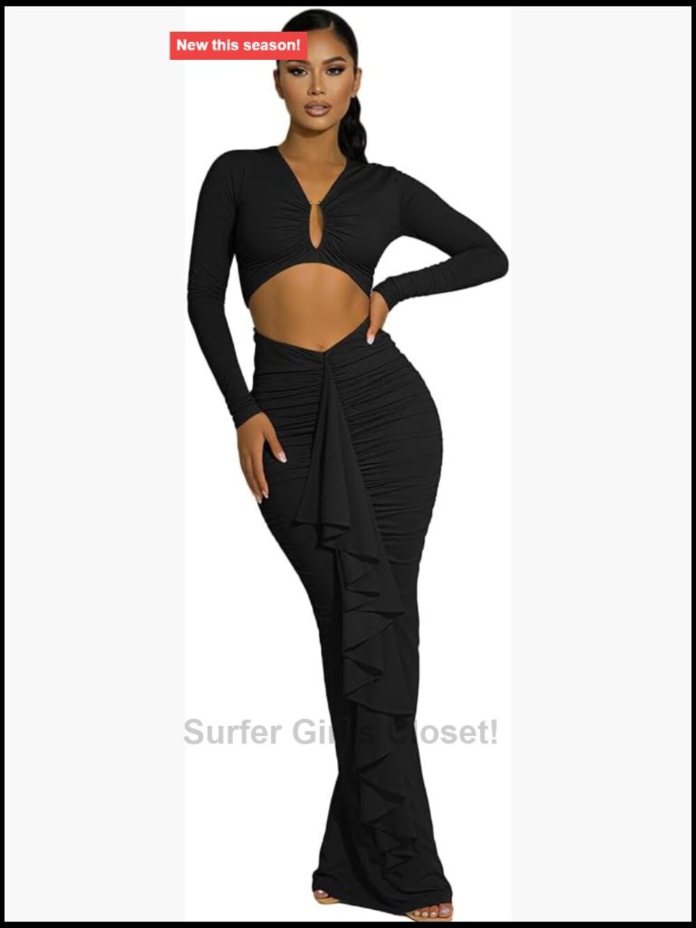 Women Sexy Ruffle Midi Dress V Neck Bodycon Sleeveless Cut Out Date Night Dress
